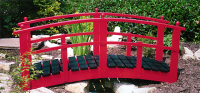 Bridge 8 - 6ft 6in (1.98m) Japanese style garden bridge (with ball finials), painted Signal Red with boards stained Ebony. Stock sizes to 8’(2.44m). Special orders to 21’ (6.40m).
 £510